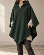 Moorland Hooded Wool Poncho in forest green with a pointed drape and two throat tabs