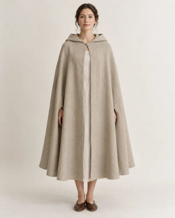 Oatmere Linen Medieval Cloak with Rounded Hood, front view