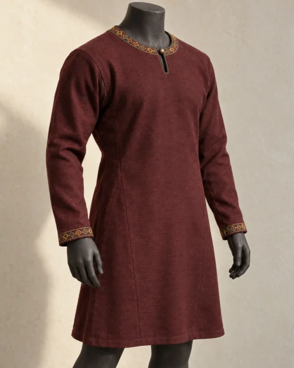 Rorik Wool-Trim Tunic in oxblood burgundy with patterned neckline and cuff trim