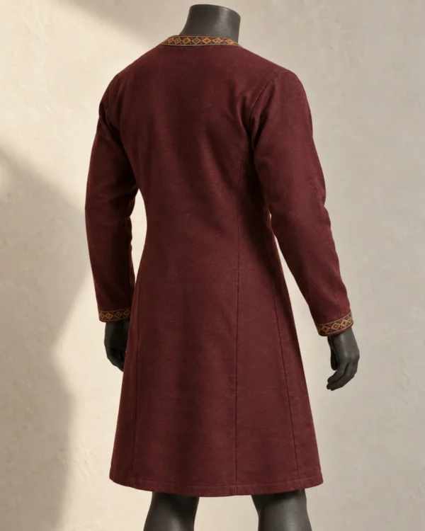 Rear view of the Rorik Wool-Trim Tunic showing the long sleeves and gently shaped silhouette