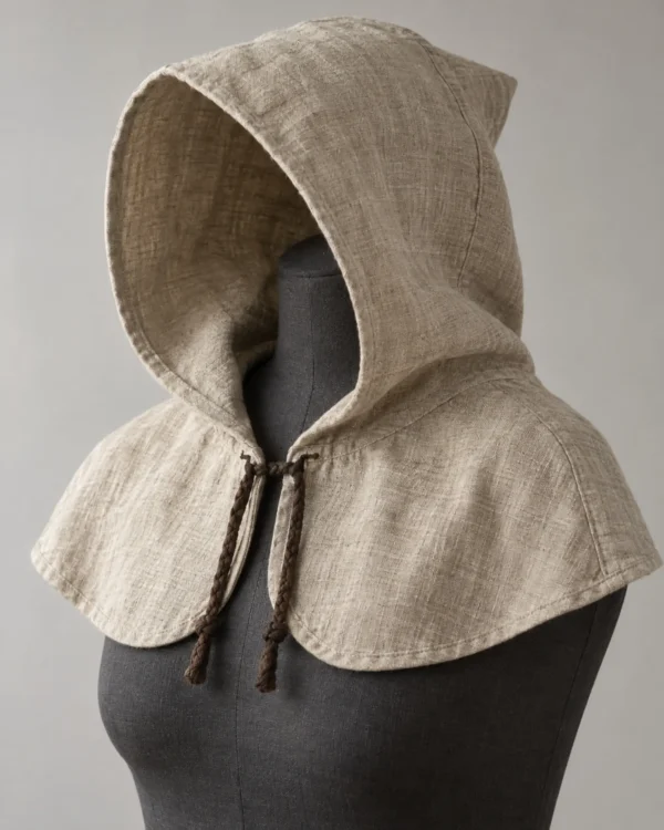 Rowan Linen Peasant Hood in natural flax with a rounded mantle and braided ties