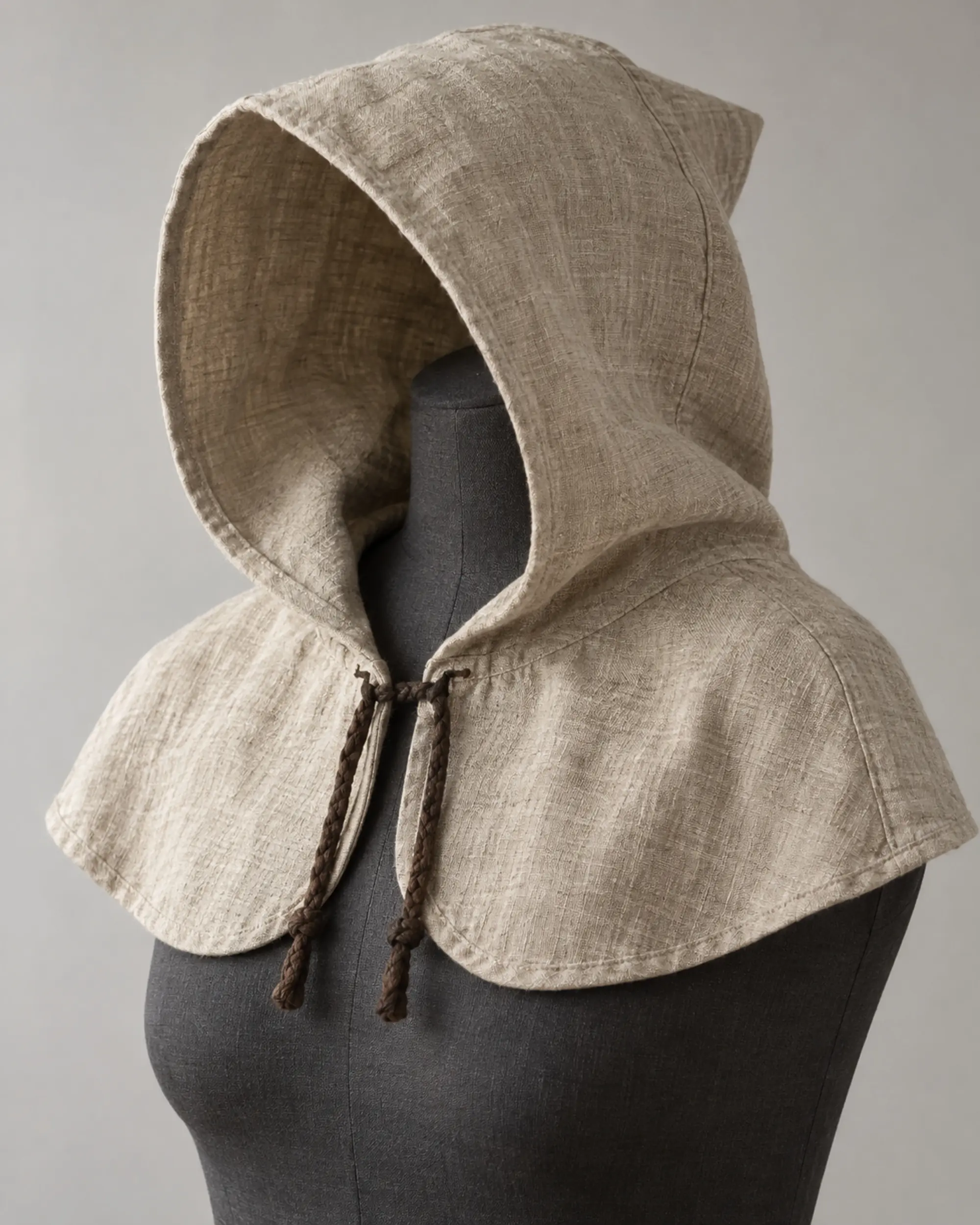 rowan-linen-peasant-hood-natural-flax-front Rowan Linen Peasant Hood in natural flax with a rounded mantle and braided ties