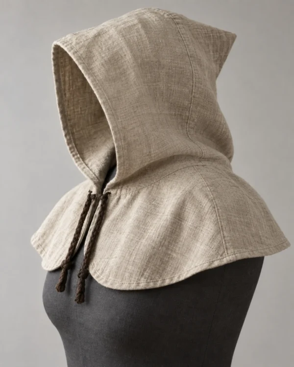 Rear view of the Rowan Linen Peasant Hood showing the short point and rounded shoulder mantle