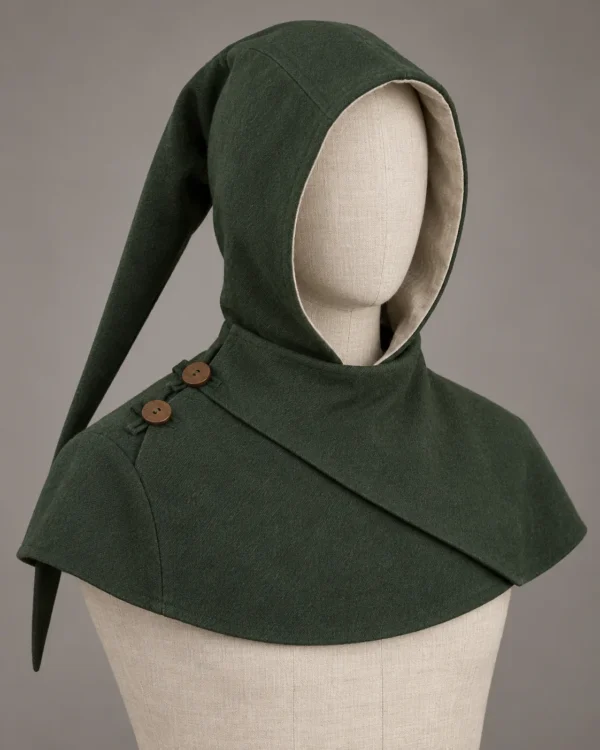 Side-Wrap Liripipe Hood with Two Buttons, front view