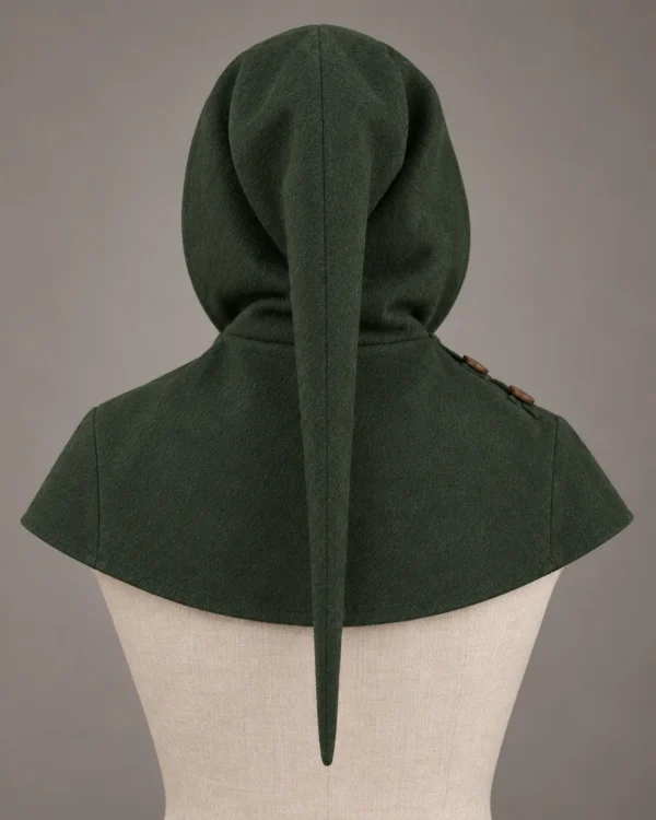 Side-Wrap Liripipe Hood with Two Buttons, rear view