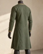 Rear view of the Soren Embroidered Linen Tunic showing the long sleeves and knee-length shape