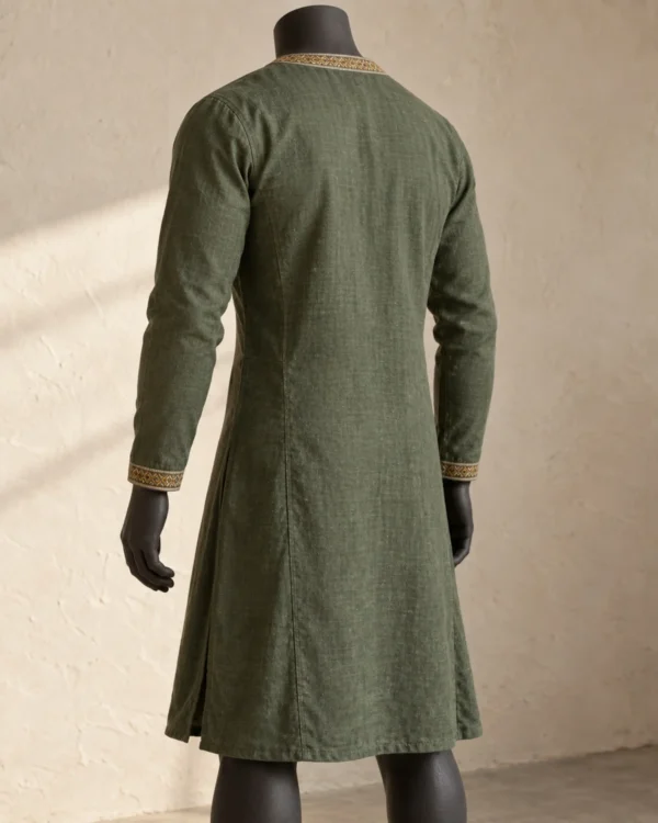 Rear view of the Soren Embroidered Linen Tunic showing the long sleeves and knee-length shape
