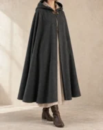 Thornmere charcoal wool hooded traveler cloak front view