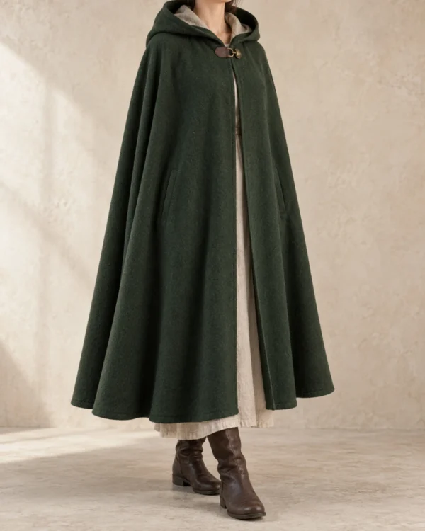 Thornmere Wool Traveler Cloak in forest green with a deep hood and calf-length sweep