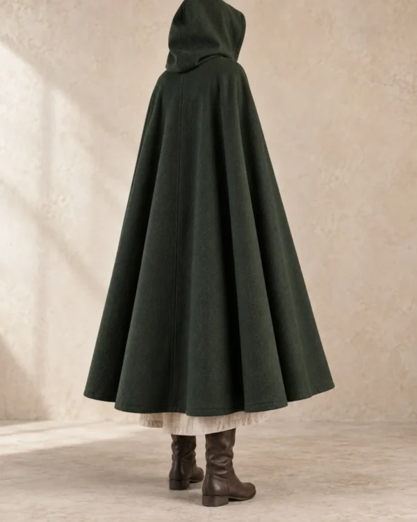 Rear view of the Thornmere Wool Traveler Cloak showing its hood and broad hem sweep