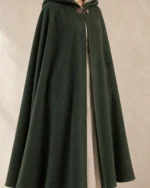 Close-up of the Thornmere Wool Traveler Cloak showing the throat closure and front opening