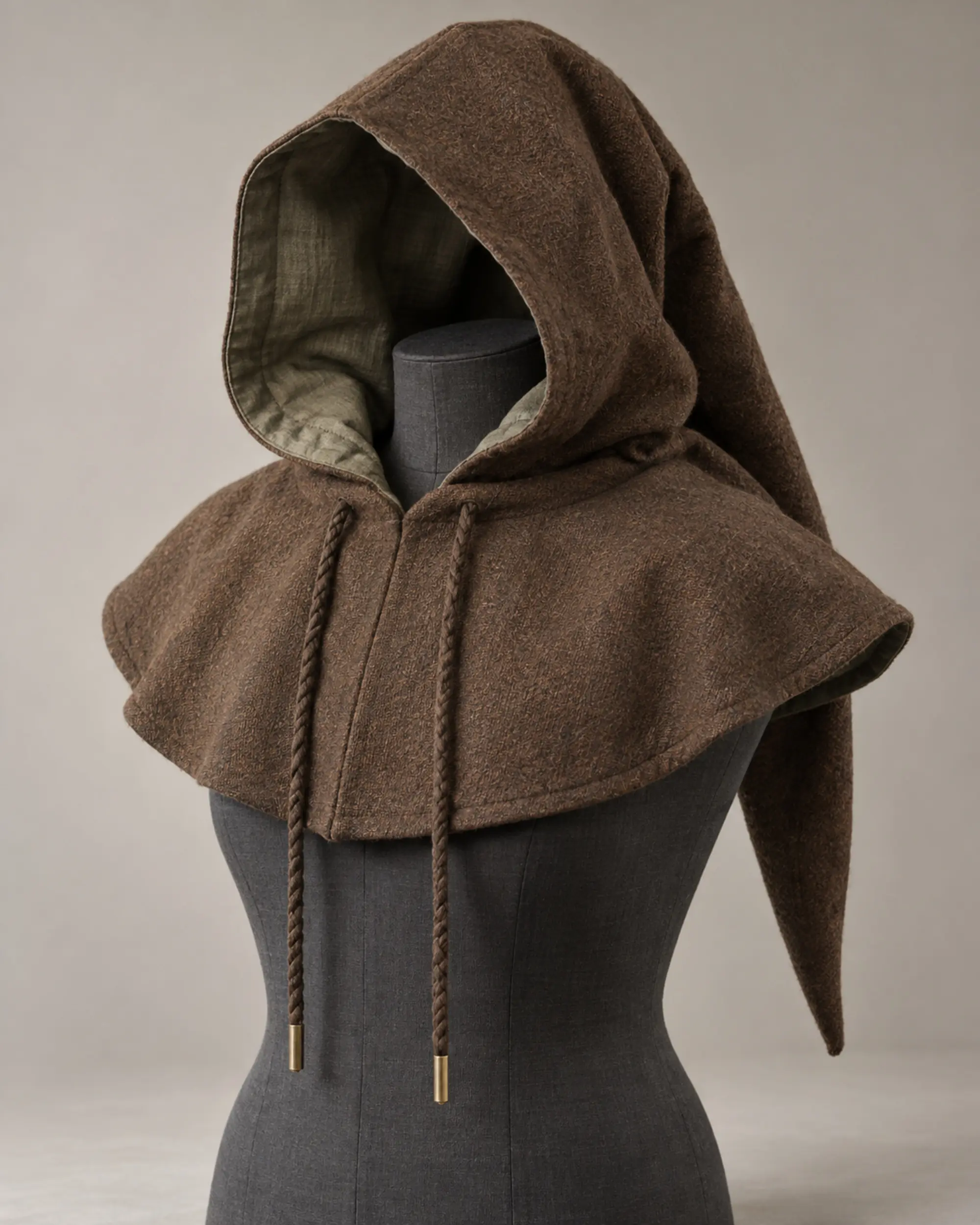 Warden Travel Hood - front view Warden Travel Hood in peat brown with a pointed tail and long braided cords