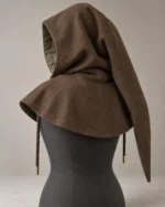Rear view of the Warden Travel Hood showing the pointed tail and shoulder cords
