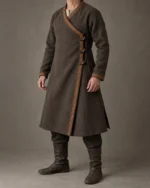Wulfric Viking Wrap Coat in charcoal brown with rust trim and side fastenings