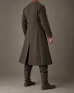 Rear view of the Wulfric Viking Wrap Coat showing the calf-length shape and back vent