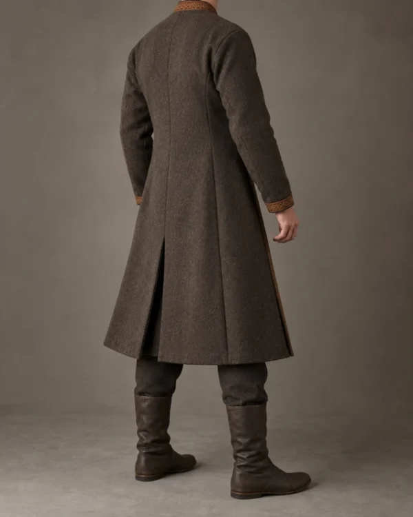 Rear view of the Wulfric Viking Wrap Coat showing the calf-length shape and back vent