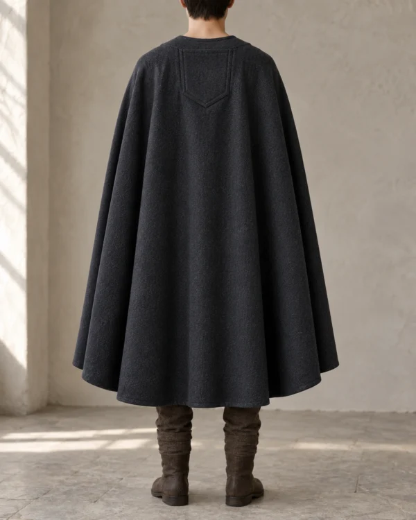 Asterhall Charcoal cloak rear view showing the small shield-shaped upper-back panel