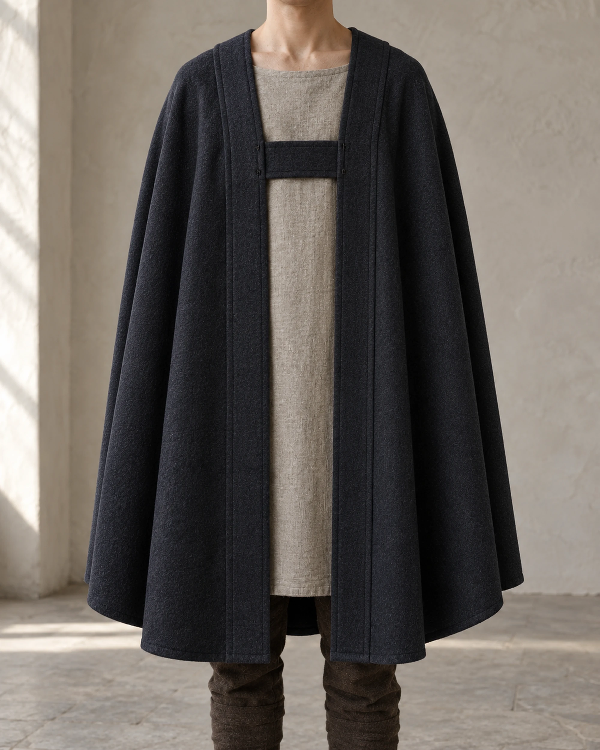 Asterhall Open-Neck Processional Cloak - Charcoal, front view Asterhall Charcoal open-neck processional cloak with a rectangular chest bridge and wide front bands