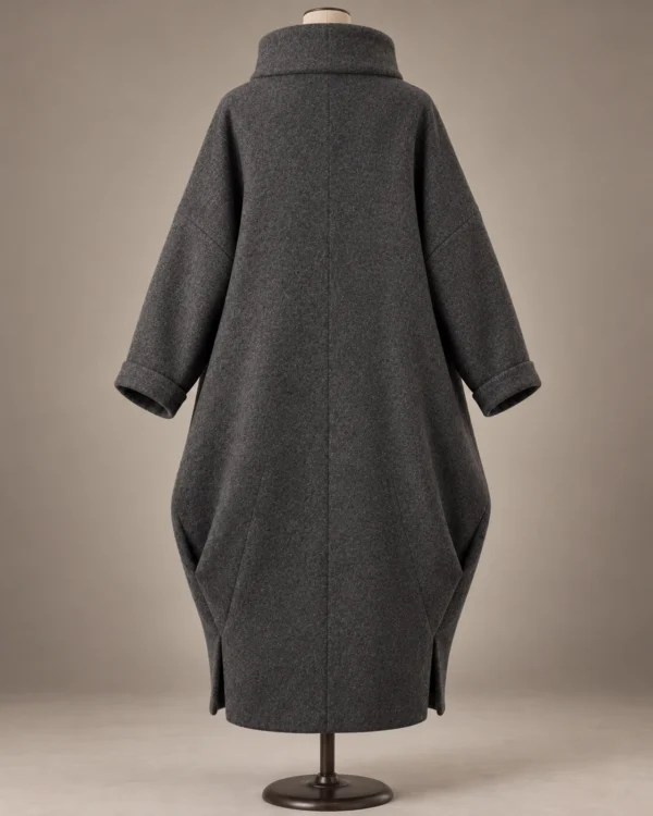 Asymmetric Textured Cocoon Coat in Charcoal, back view