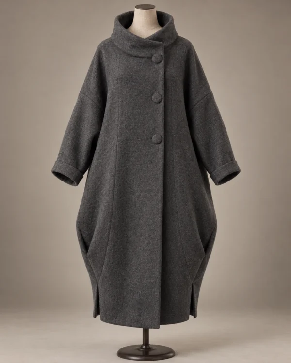 Asymmetric Textured Cocoon Coat in Charcoal, front view