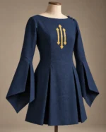 Aveline Heraldic Bell-Sleeve Tunic in Navy and Gold, front view