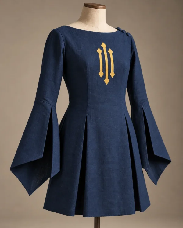 Aveline Heraldic Bell-Sleeve Tunic in Navy and Gold, front view