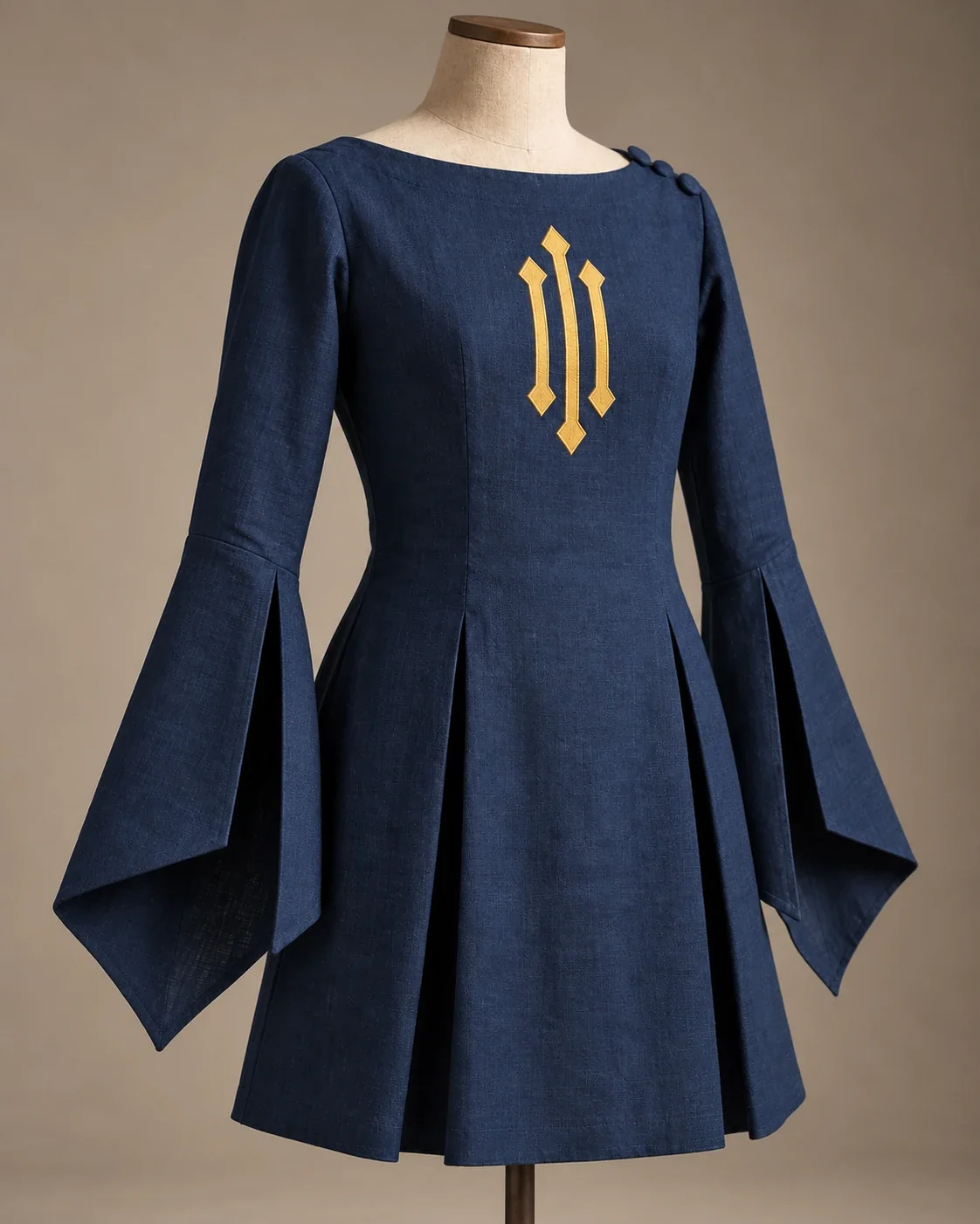 Aveline Heraldic Bell-Sleeve Tunic – Navy and Gold front Aveline Heraldic Bell-Sleeve Tunic in Navy and Gold, front view