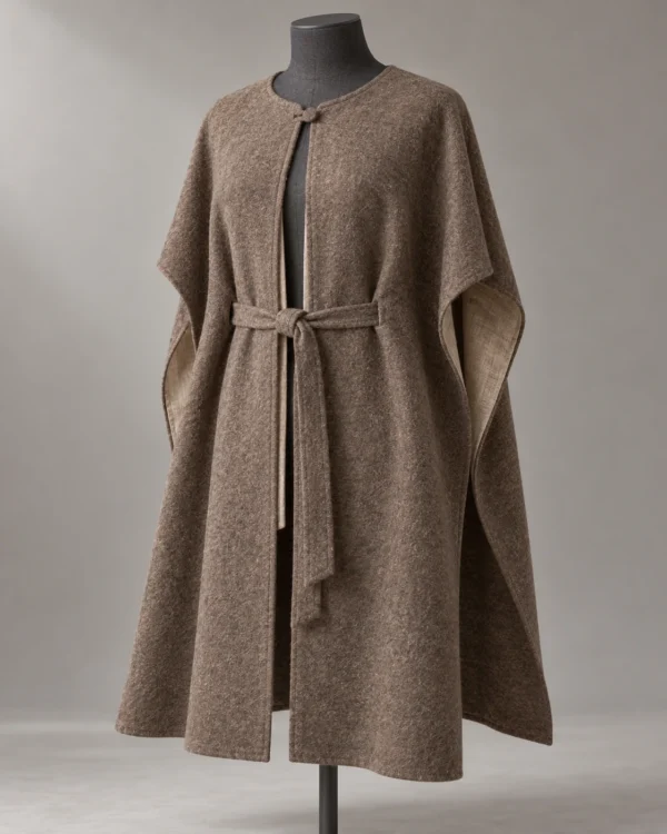 Taupe belted textured poncho coat with covered neck button and open sides, front view