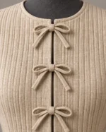 Briar Bow-Tie Quilted Peplum Jacket in Natural Cream, detail view