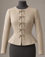 Briar Bow-Tie Quilted Peplum Jacket in Natural Cream, front view