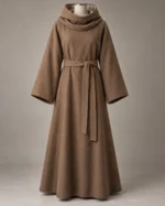 Cowl-Hood Belted Robe in Brown, front view