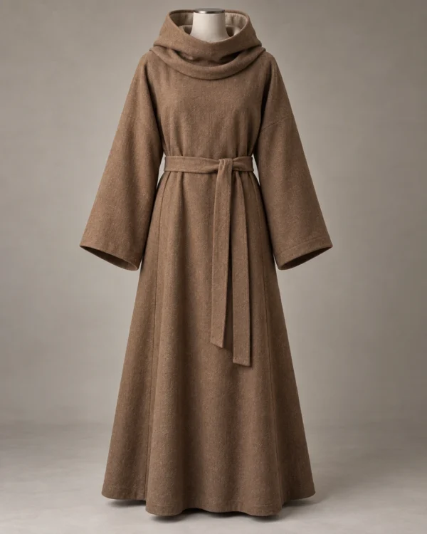 Cowl-Hood Belted Robe in Brown, front view