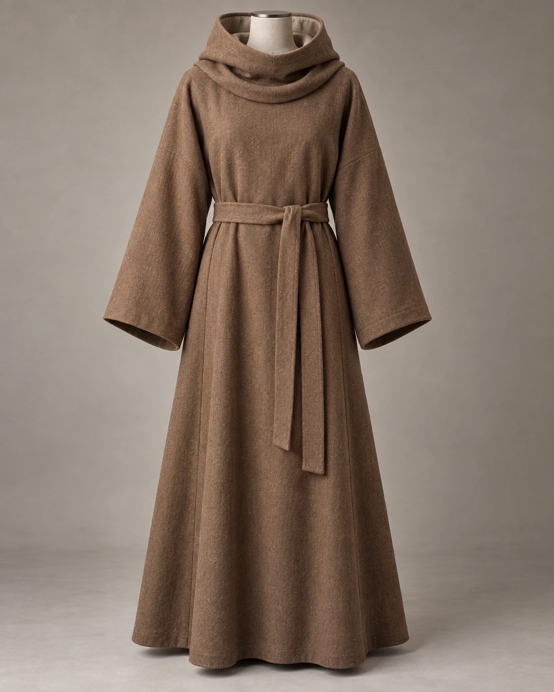 Cowl-Hood Belted Robe – Brown front view Cowl-Hood Belted Robe in Brown, front view