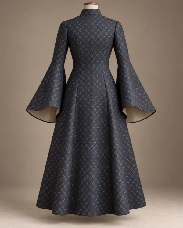 Diamond Brocade Bell-Sleeve Coat in Navy and Gold, back view