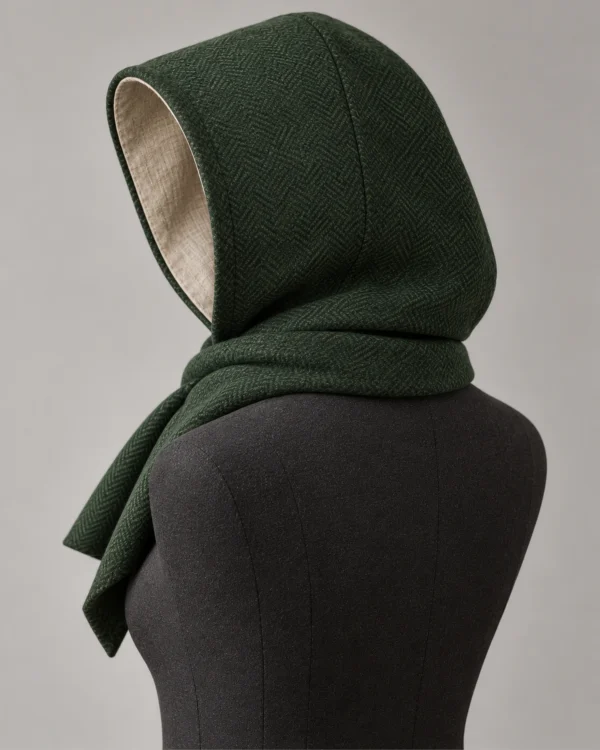 Rear view of the Dunewick Forest Green hood showing rounded crown and wrapped nape