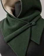 Dunewick hood detail showing herringbone cloth and covered-button loop