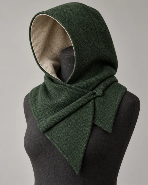 Dunewick Forest Green wool crosswrap hood with linen-lined crown and cloth button