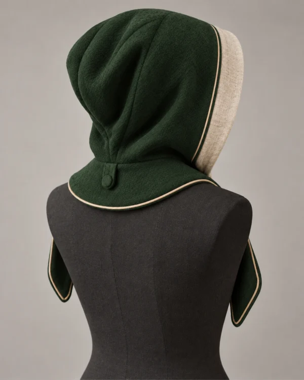 Rear view of Elianor hood with cropped nape and covered-button tab