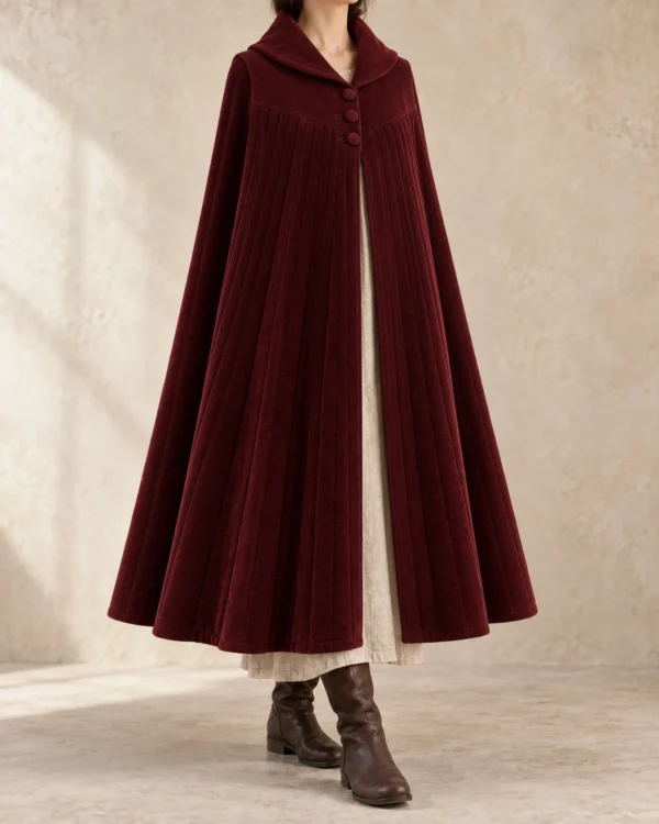 Emberglade Quilted Evening Cloak in Oxblood, front view showing collar and full drape