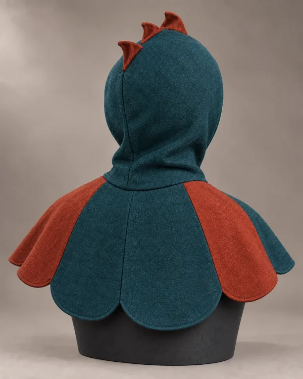 Emberwing Dragon Petal Hood in Teal and Rust, back view