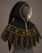 Front view of black wool medieval hood with gold sunburst embroidery, shaped dags and yellow fasteners