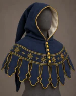 Front view of blue wool medieval hood with gold sunburst embroidery, shaped dags and yellow fasteners