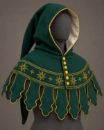 Front view of green wool medieval hood with gold sunburst embroidery, shaped dags and yellow fasteners