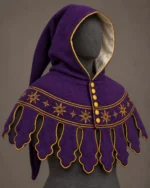 Purple embroidered wool medieval hood with gold sunbursts, shaped dags and yellow front fasteners