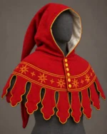 Front view of red wool medieval hood with gold sunburst embroidery, shaped dags and yellow fasteners