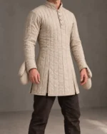 Fenroth Natural Flax quilted gambeson, front view with released hands and integral soft mitten ends