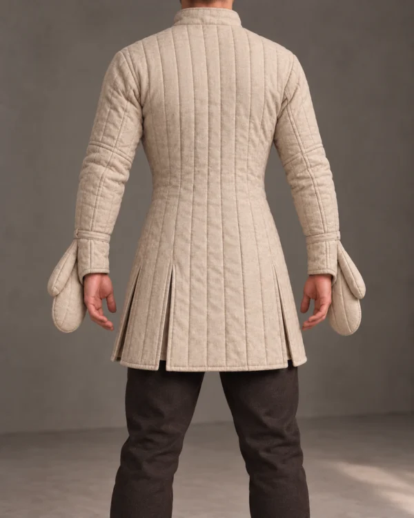 Fenroth integral-mitten costume gambeson in Natural Flax, back view