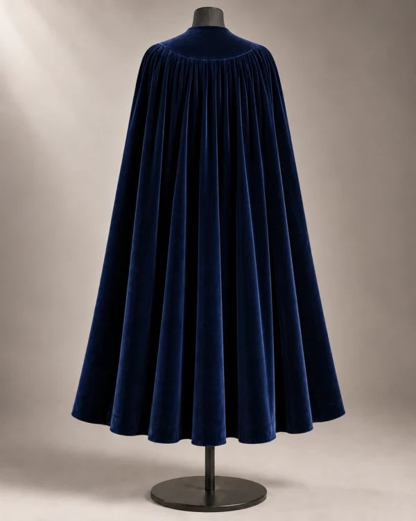 Gathered Velvet Evening Cape in Navy Blue, back view