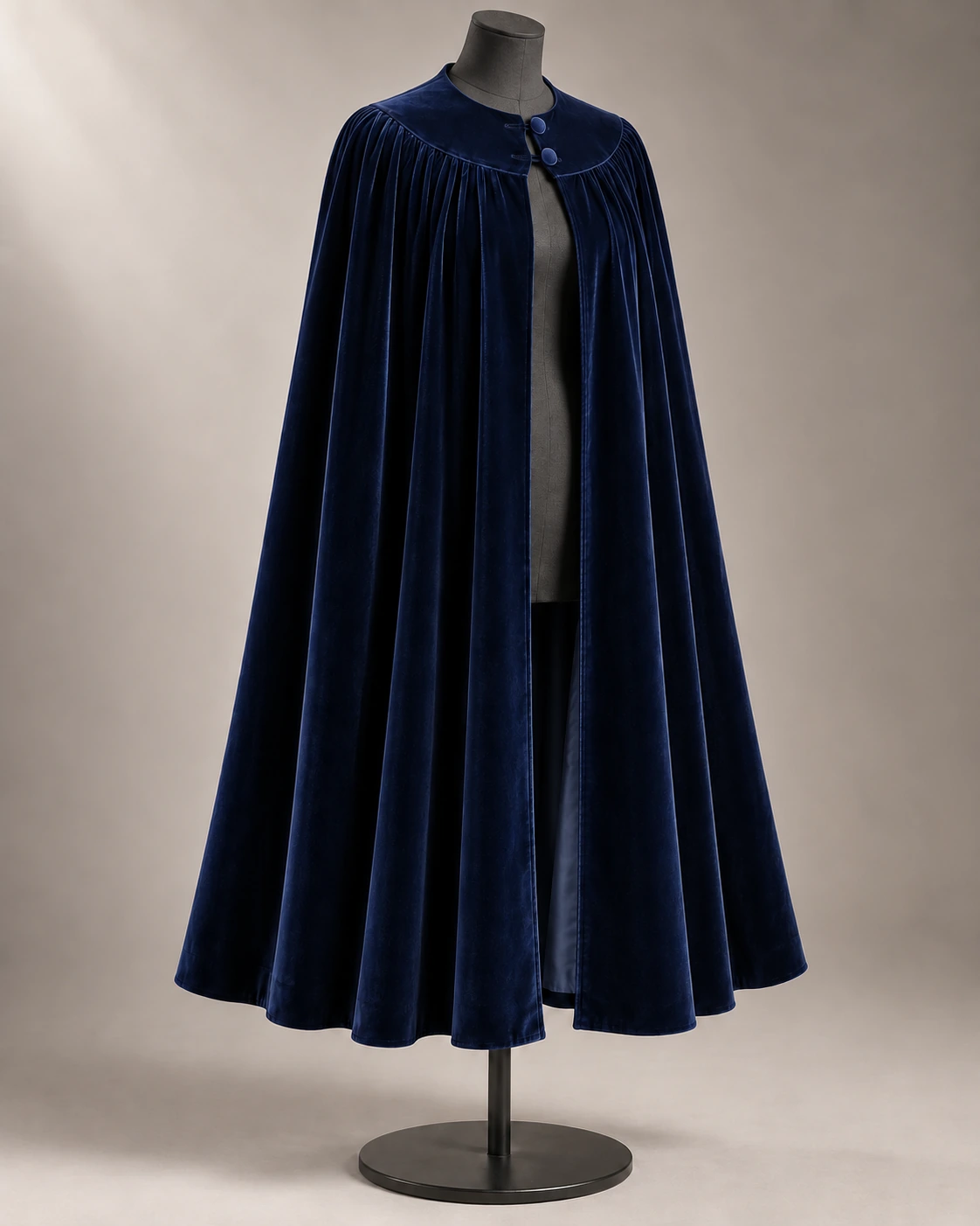 Gathered Velvet Evening Cape – Navy Blue front view Gathered Velvet Evening Cape in Navy Blue, front view