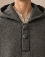 Greyfriar Bell-Cut Pilgrim Cloak in Stone Grey, close-up of collar, cloth and closure construction